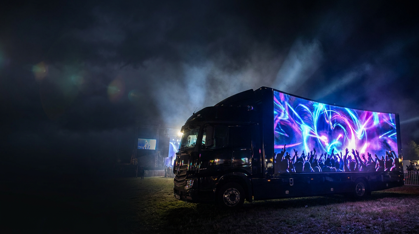 Mobile LED Wall Truck bei Nacht